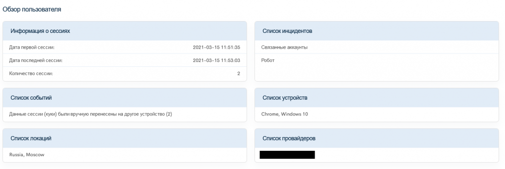 Обзор данных о пользователе в аналитической панели WEB ANTIFRAUD